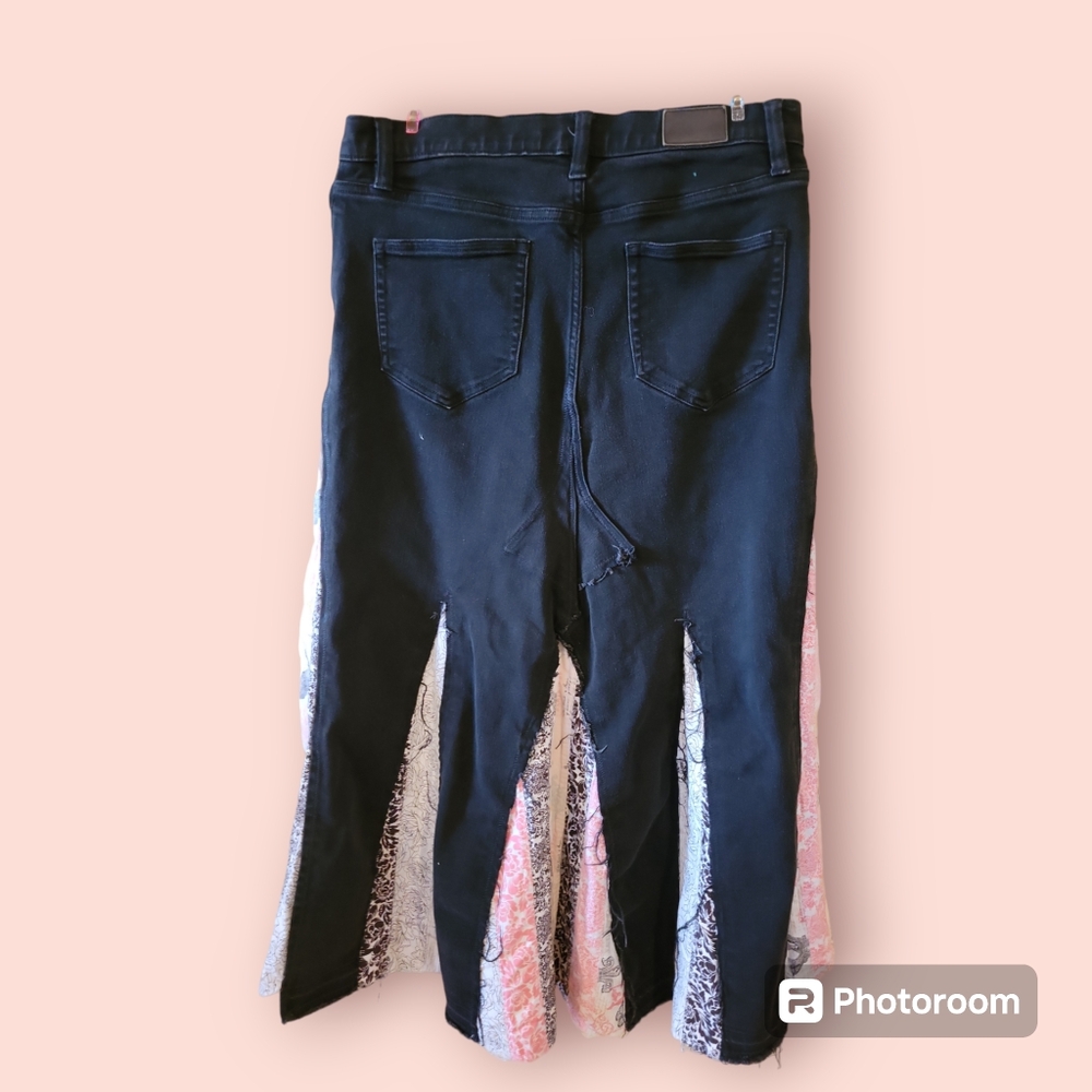 HAND CRAFTED Maxi Skirt UPCYCLED Black Denim Floral Pink Black Prints Size 12 - Picture 3 of 16